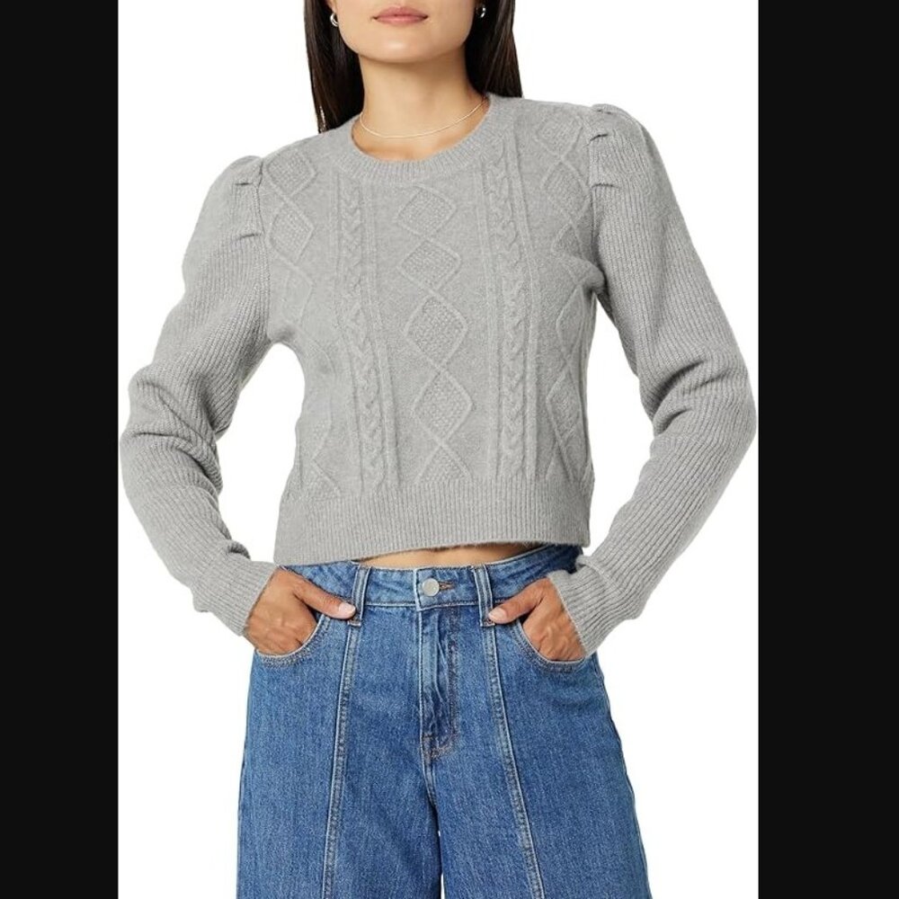 THE DROP Women's Gloria Cable-Knit Sweater Puff Sleeve in Gull Gray SZ M